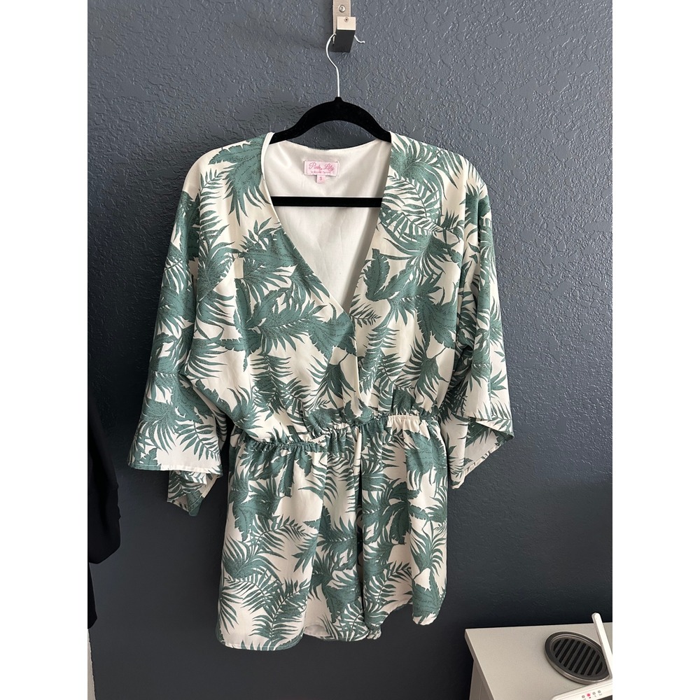Pink Lily Tropical Palm Leaf Print Romper Green White V-Neck Kimono Sleeve S GUC